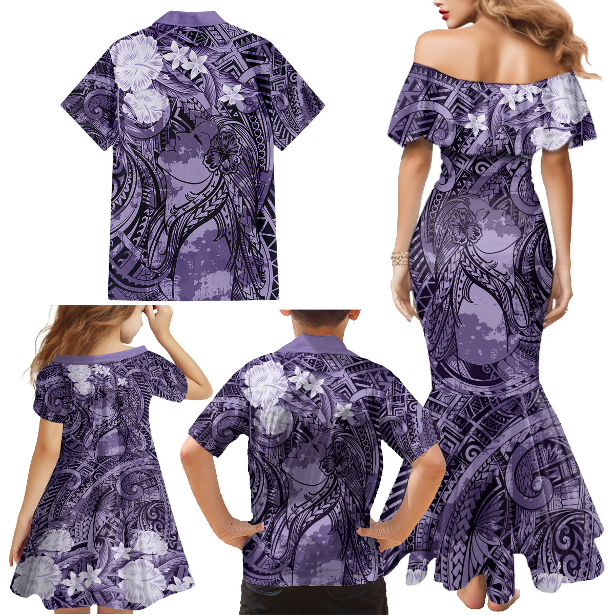 Pacific Beauty Girl Family Matching Mermaid Dress and Hawaiian Shirt Violet Polyneisan Tribal Vintage Motif LT9 - Polynesian Pride
