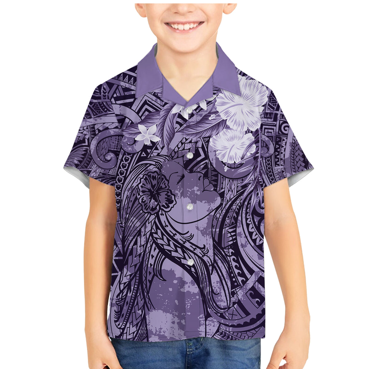 Pacific Beauty Girl Family Matching Mermaid Dress and Hawaiian Shirt Violet Polyneisan Tribal Vintage Motif LT9 Son's Shirt Violet - Polynesian Pride