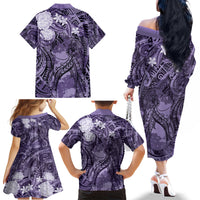 Pacific Beauty Girl Family Matching Off The Shoulder Long Sleeve Dress and Hawaiian Shirt Violet Polyneisan Tribal Vintage Motif LT9 - Polynesian Pride