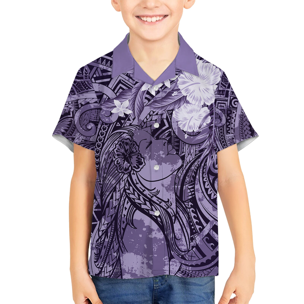 Pacific Beauty Girl Family Matching Off The Shoulder Long Sleeve Dress and Hawaiian Shirt Violet Polyneisan Tribal Vintage Motif LT9 Son's Shirt Violet - Polynesian Pride
