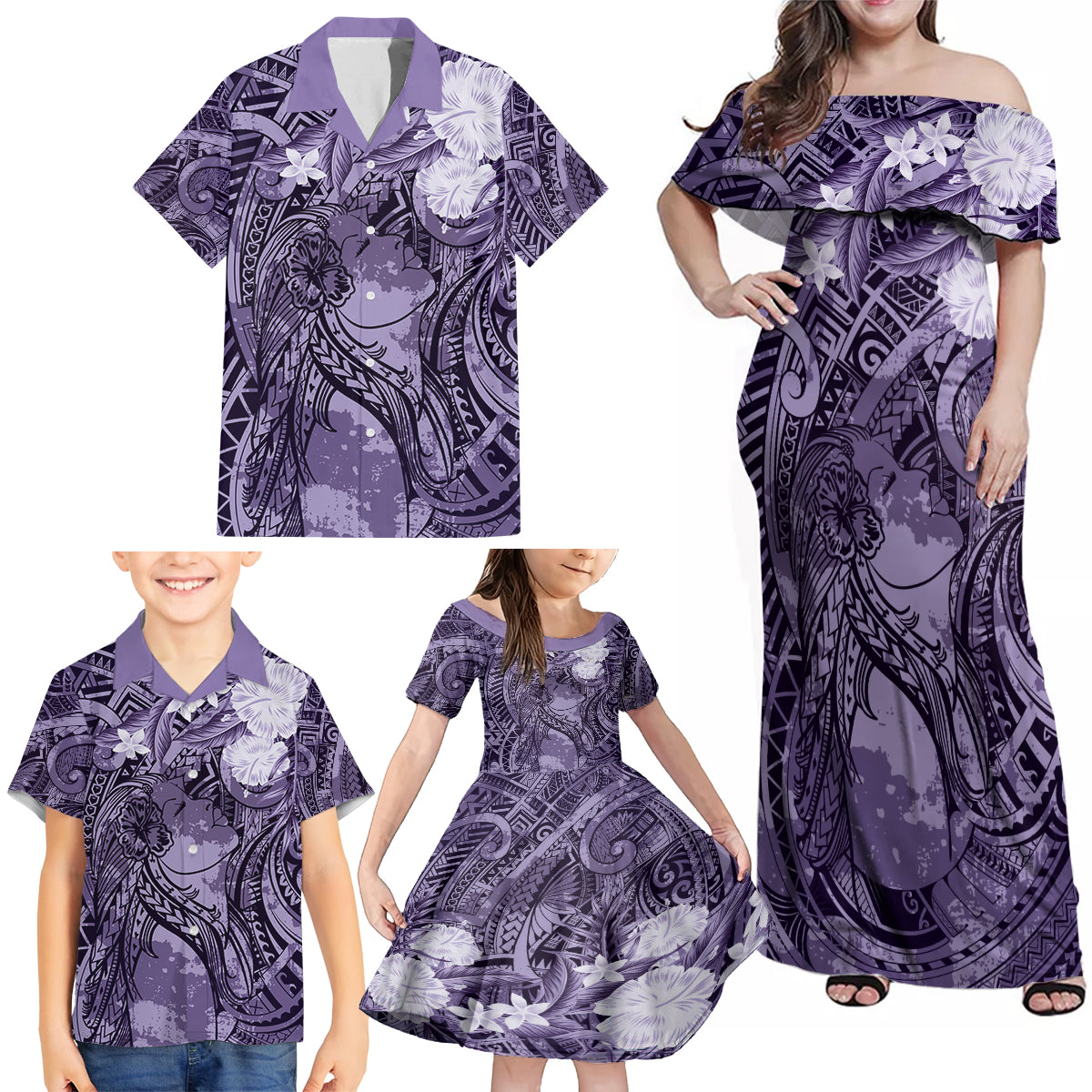 Pacific Beauty Girl Family Matching Off Shoulder Maxi Dress and Hawaiian Shirt Violet Polyneisan Tribal Vintage Motif LT9 - Polynesian Pride