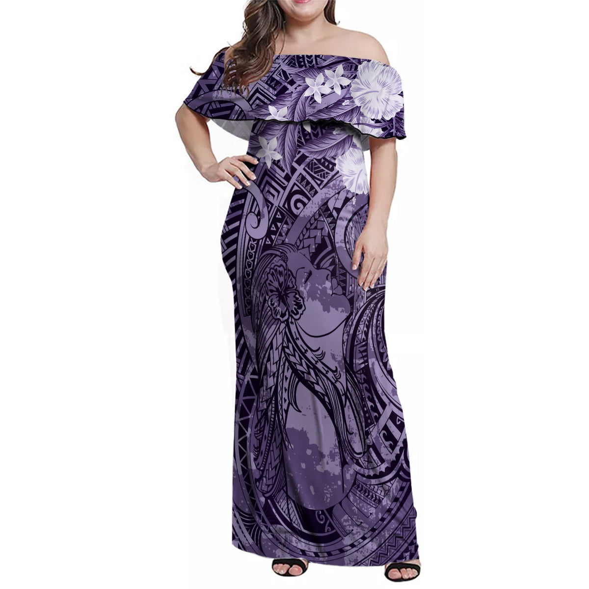 Pacific Beauty Girl Family Matching Off Shoulder Maxi Dress and Hawaiian Shirt Violet Polyneisan Tribal Vintage Motif LT9 Mom's Dress Violet - Polynesian Pride