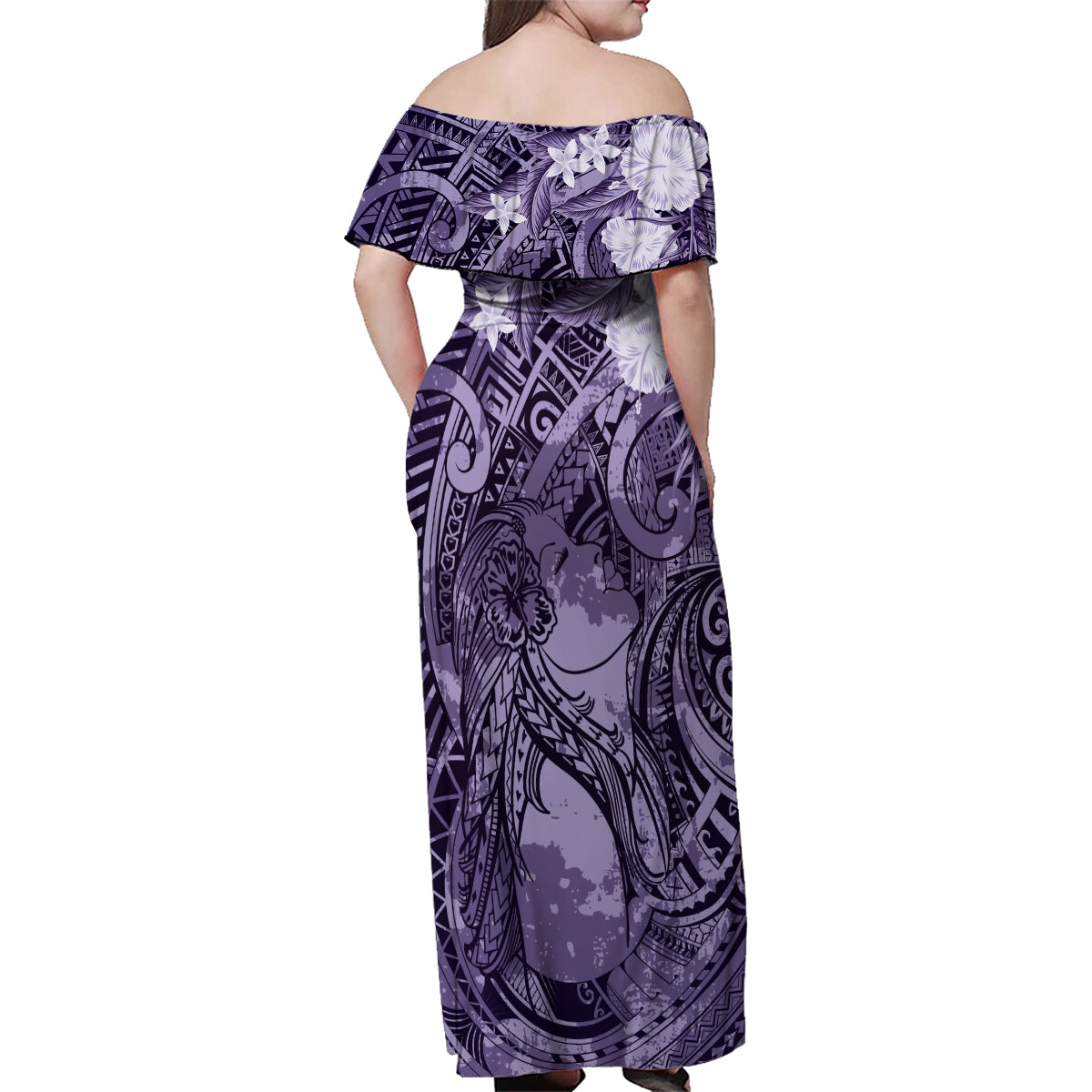 Pacific Beauty Girl Family Matching Off Shoulder Maxi Dress and Hawaiian Shirt Violet Polyneisan Tribal Vintage Motif LT9 - Polynesian Pride