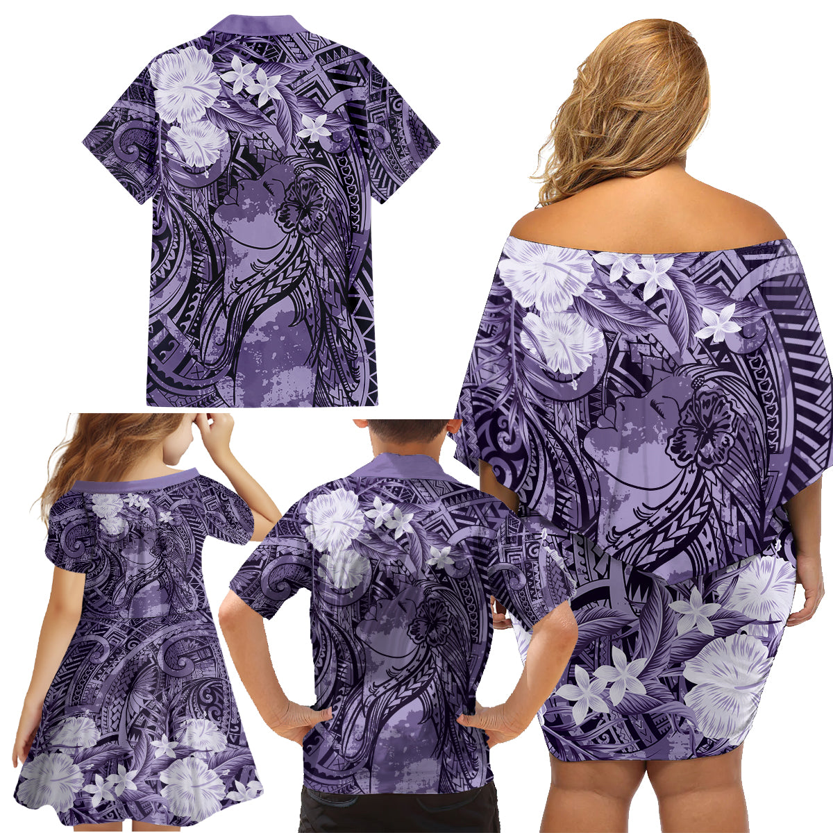 Pacific Beauty Girl Family Matching Off Shoulder Short Dress and Hawaiian Shirt Violet Polyneisan Tribal Vintage Motif LT9 - Polynesian Pride