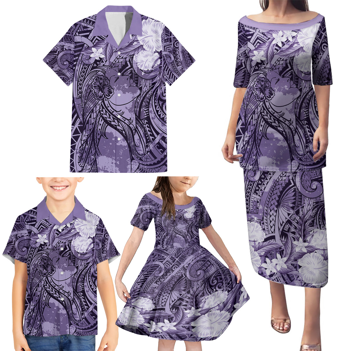 Pacific Beauty Girl Family Matching Puletasi and Hawaiian Shirt Violet Polyneisan Tribal Vintage Motif LT9 - Polynesian Pride
