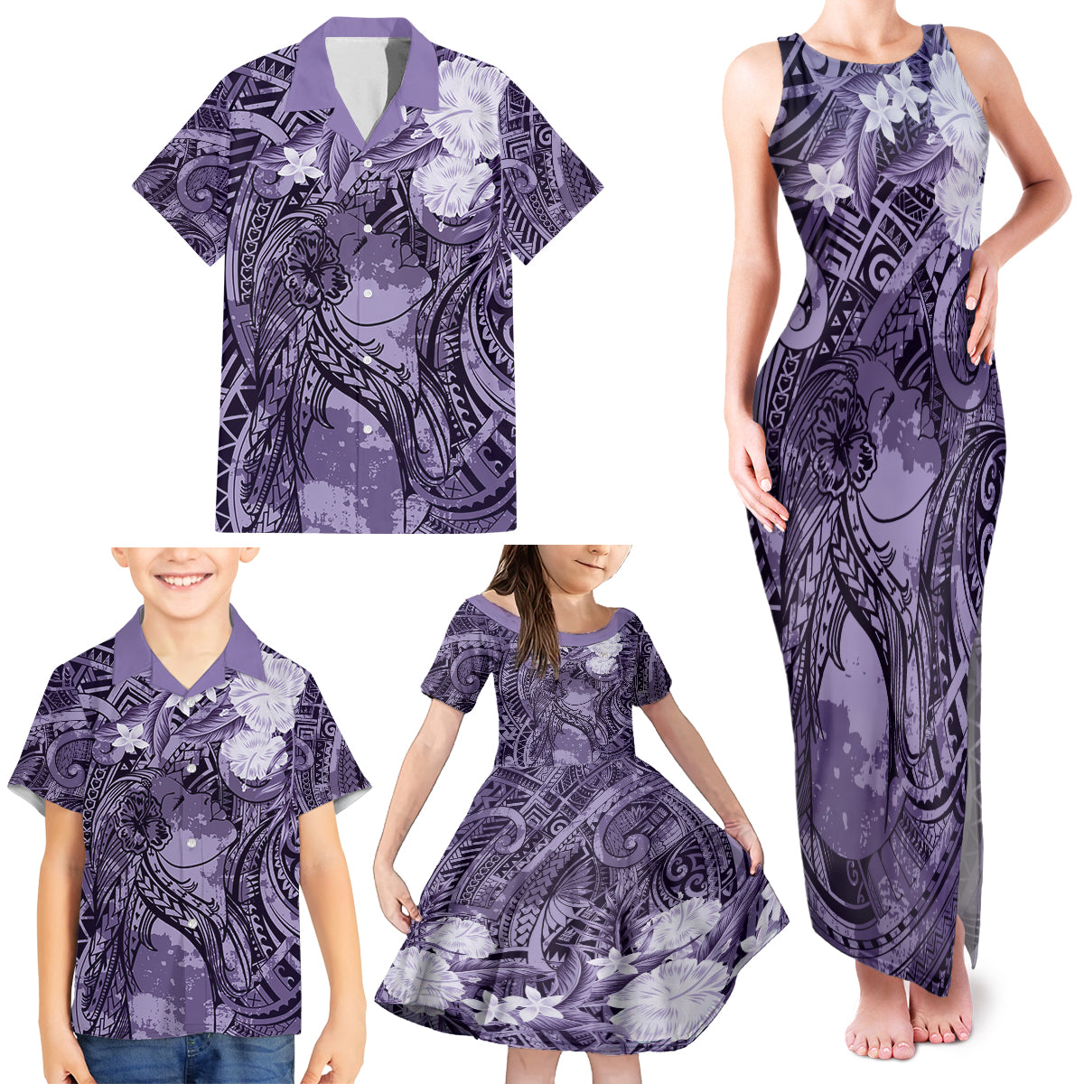 Pacific Beauty Girl Family Matching Tank Maxi Dress and Hawaiian Shirt Violet Polyneisan Tribal Vintage Motif LT9 - Polynesian Pride