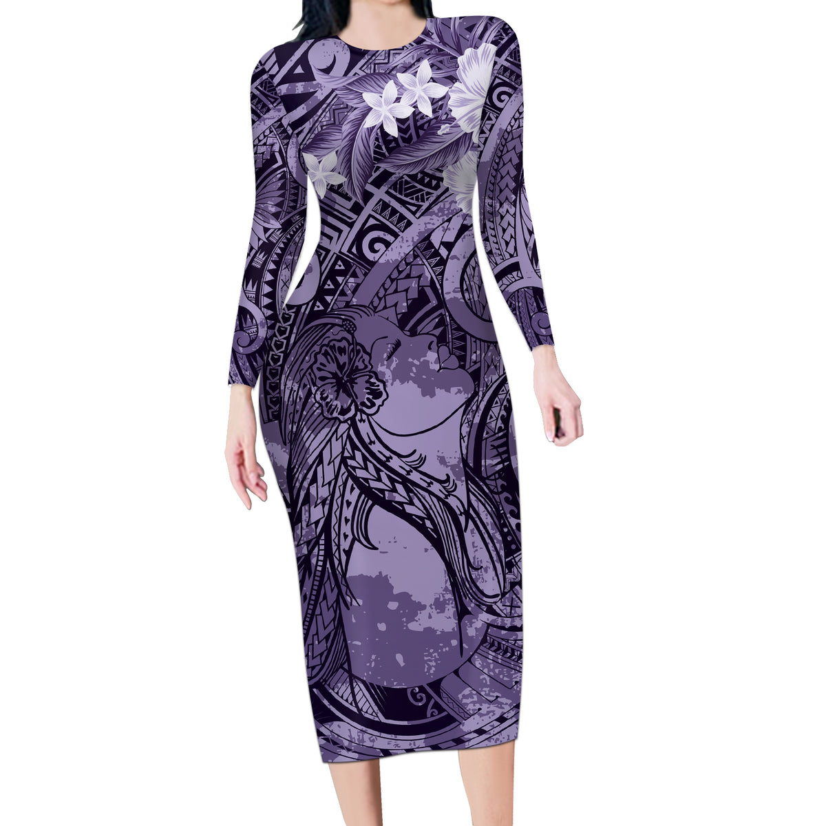 Pacific Beauty Girl Long Sleeve Bodycon Dress Violet Polyneisan Tribal Vintage Motif LT9 Long Dress Violet - Polynesian Pride