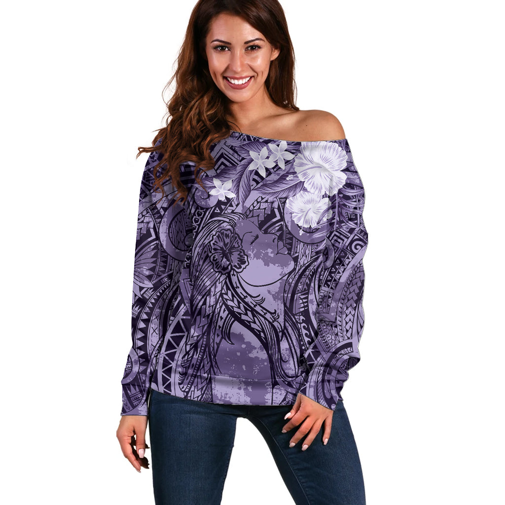 Pacific Beauty Girl Off Shoulder Sweater Violet Polyneisan Tribal Vintage Motif LT9 Women Violet - Polynesian Pride