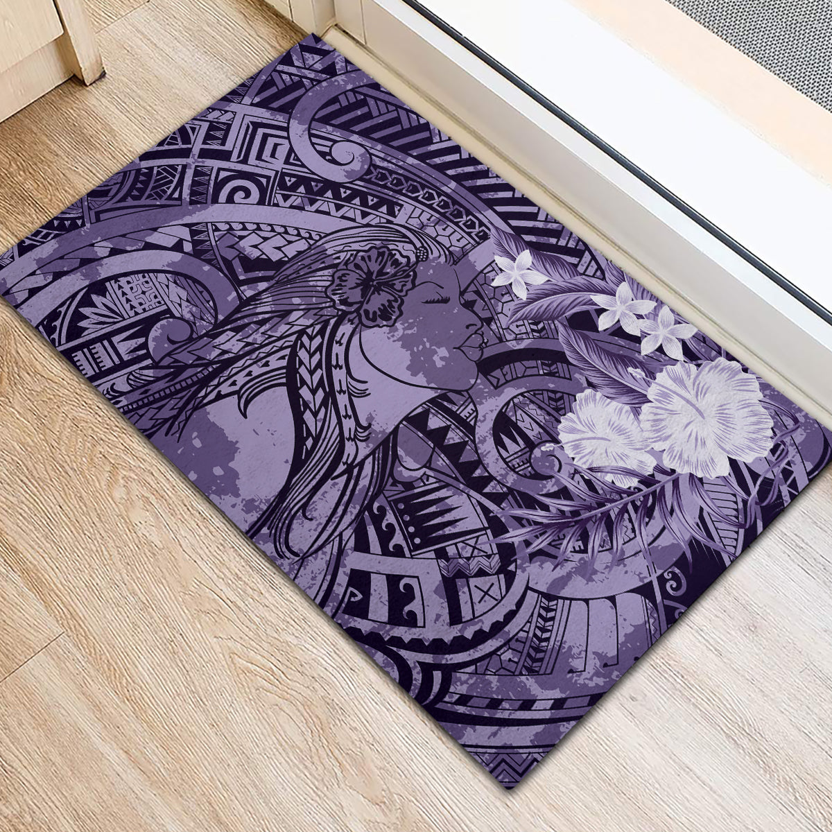 Pacific Beauty Girl Rubber Doormat Violet Polyneisan Tribal Vintage Motif