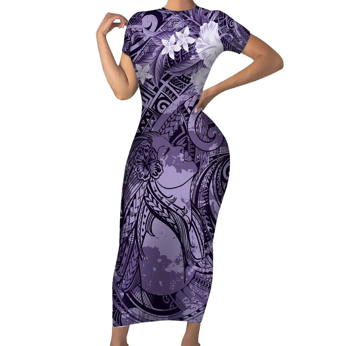 Pacific Beauty Girl Short Sleeve Bodycon Dress Violet Polyneisan Tribal Vintage Motif LT9 Long Dress Violet - Polynesian Pride