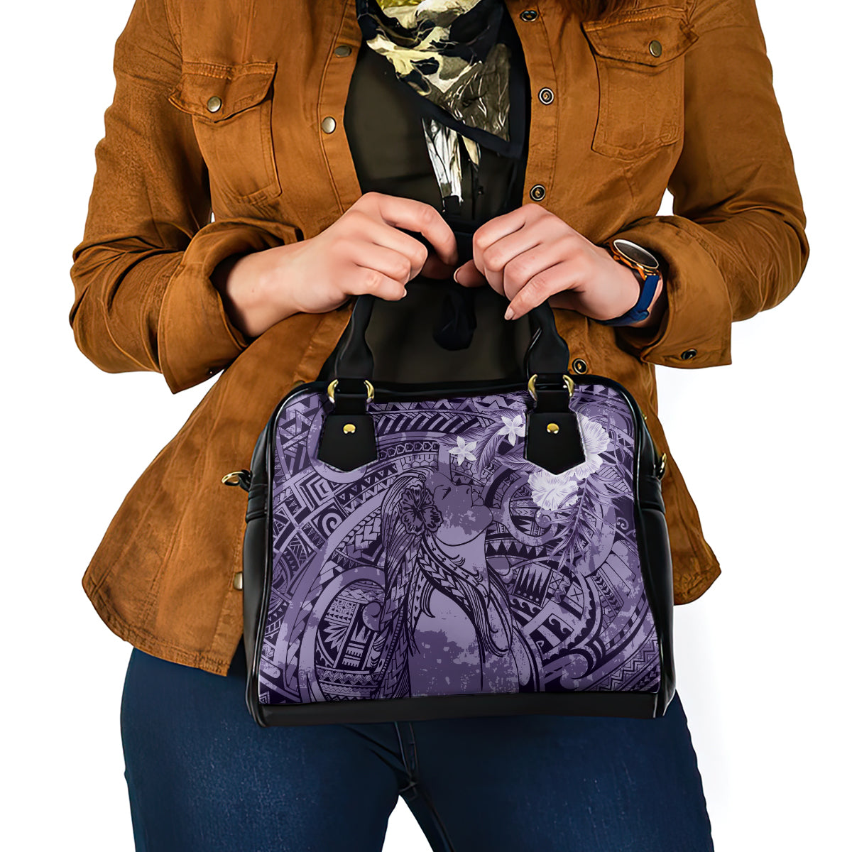 Pacific Beauty Girl Shoulder Handbag Violet Polyneisan Tribal Vintage Motif