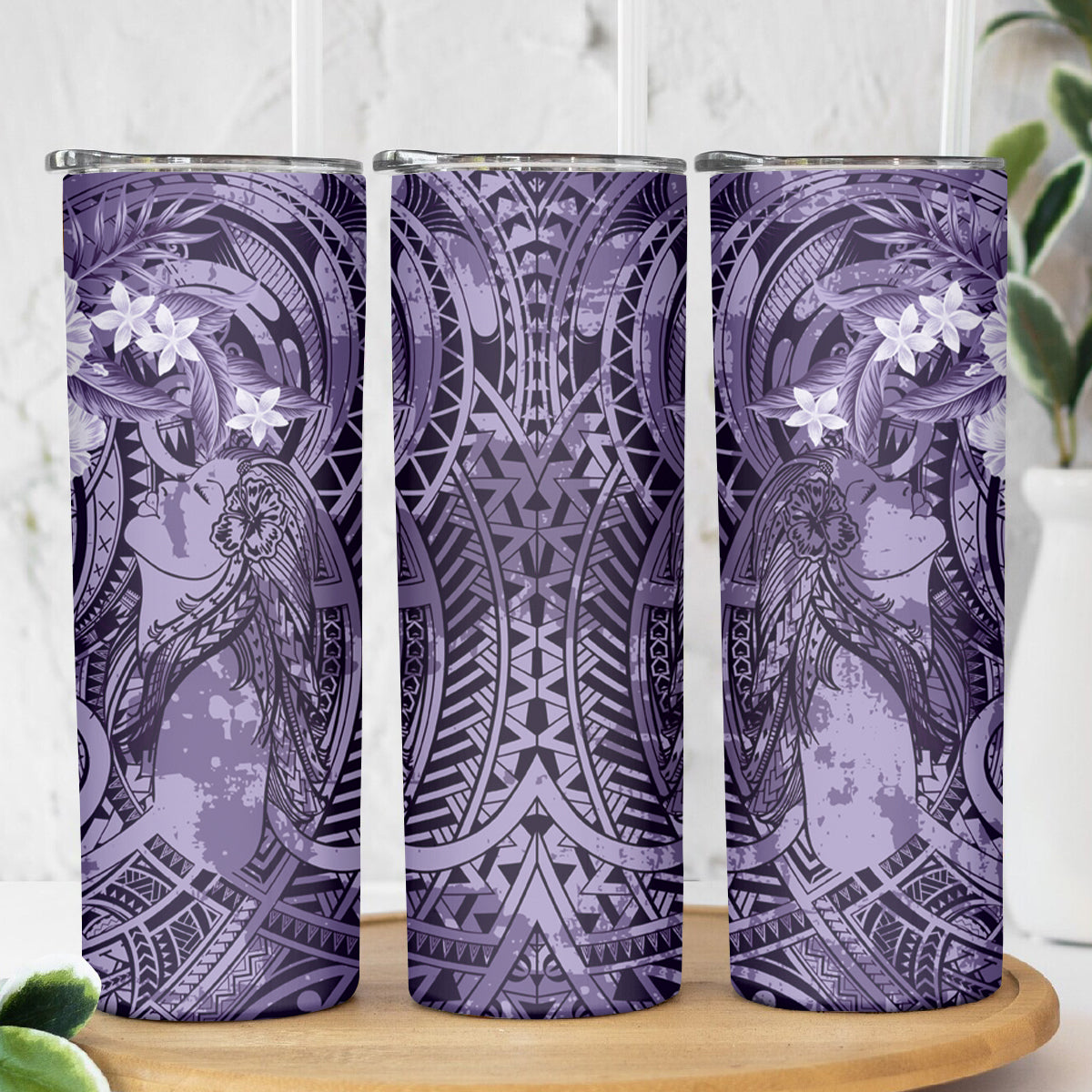 Pacific Beauty Girl Skinny Tumbler Violet Polyneisan Tribal Vintage Motif LT9 - Polynesian Pride
