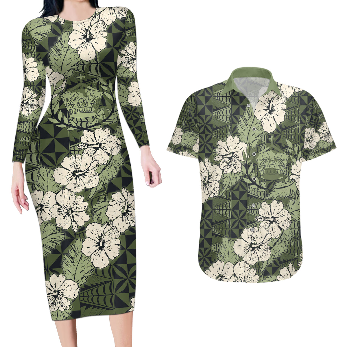Tongan Kupesi Ngatu Hibiscus Vintage Motif Couples Matching Long Sleeve Bodycon Dress and Hawaiian Shirt LT9 Green - Polynesian Pride