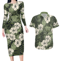 Tongan Kupesi Ngatu Hibiscus Vintage Motif Couples Matching Long Sleeve Bodycon Dress and Hawaiian Shirt LT9 Green - Polynesian Pride