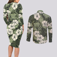 Tongan Kupesi Ngatu Hibiscus Vintage Motif Couples Matching Long Sleeve Bodycon Dress and Long Sleeve Button Shirt LT9 - Polynesian Pride