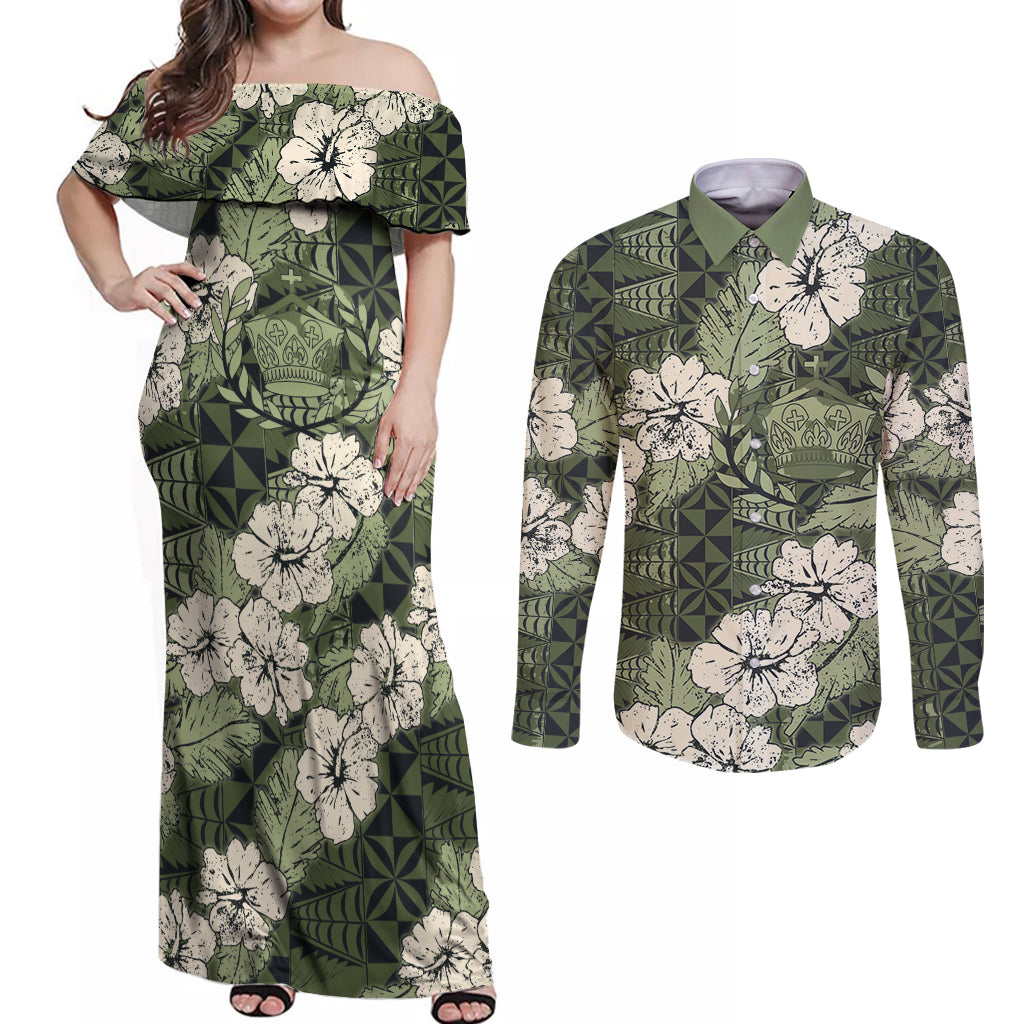 Tongan Kupesi Ngatu Hibiscus Vintage Motif Couples Matching Off Shoulder Maxi Dress and Long Sleeve Button Shirt LT9 Green - Polynesian Pride