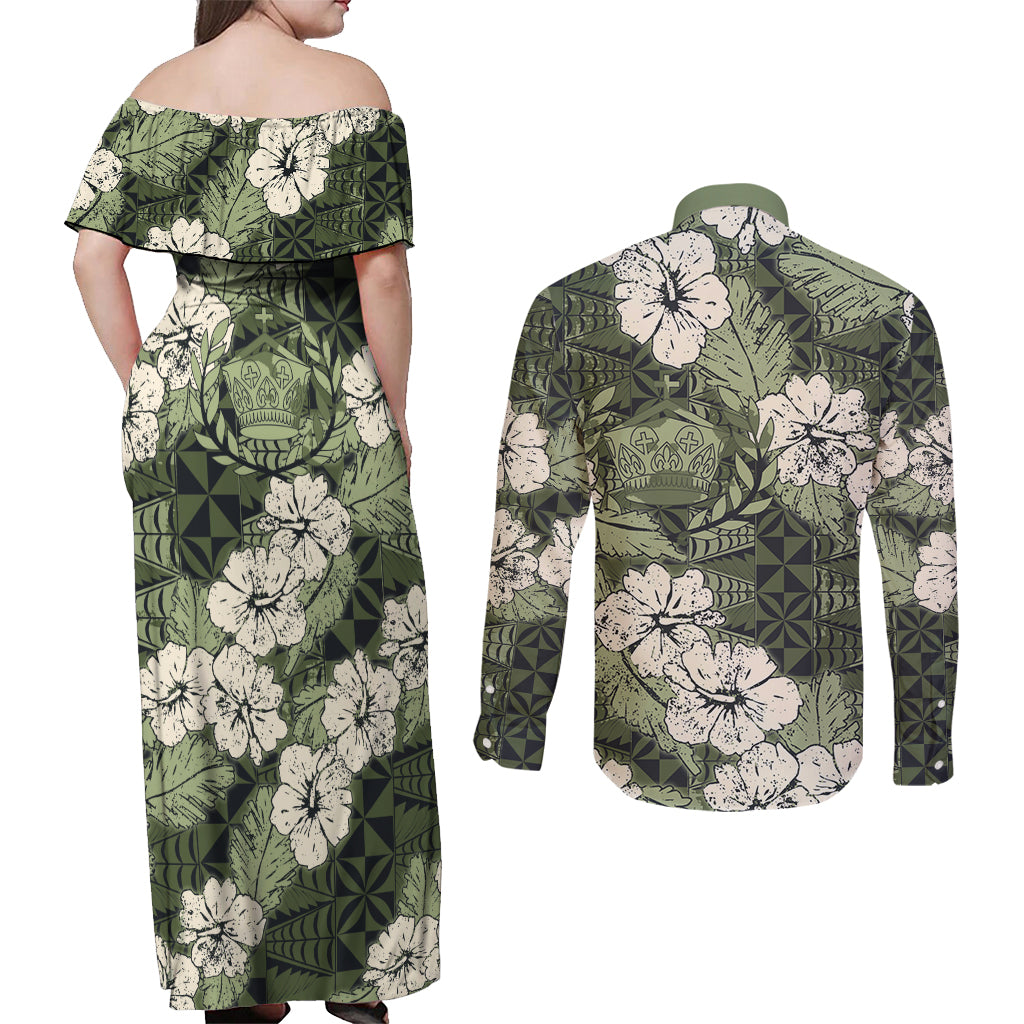 Tongan Kupesi Ngatu Hibiscus Vintage Motif Couples Matching Off Shoulder Maxi Dress and Long Sleeve Button Shirt LT9 - Polynesian Pride