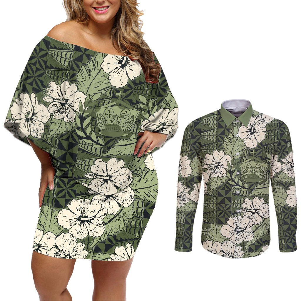 Tongan Kupesi Ngatu Hibiscus Vintage Motif Couples Matching Off Shoulder Short Dress and Long Sleeve Button Shirt LT9 Green - Polynesian Pride