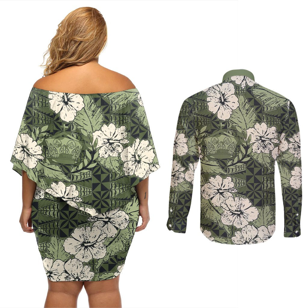 Tongan Kupesi Ngatu Hibiscus Vintage Motif Couples Matching Off Shoulder Short Dress and Long Sleeve Button Shirt LT9 - Polynesian Pride