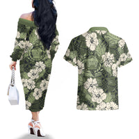 Tongan Kupesi Ngatu Hibiscus Vintage Motif Couples Matching Off The Shoulder Long Sleeve Dress and Hawaiian Shirt LT9 - Polynesian Pride
