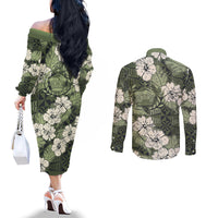 Tongan Kupesi Ngatu Hibiscus Vintage Motif Couples Matching Off The Shoulder Long Sleeve Dress and Long Sleeve Button Shirt LT9 - Polynesian Pride