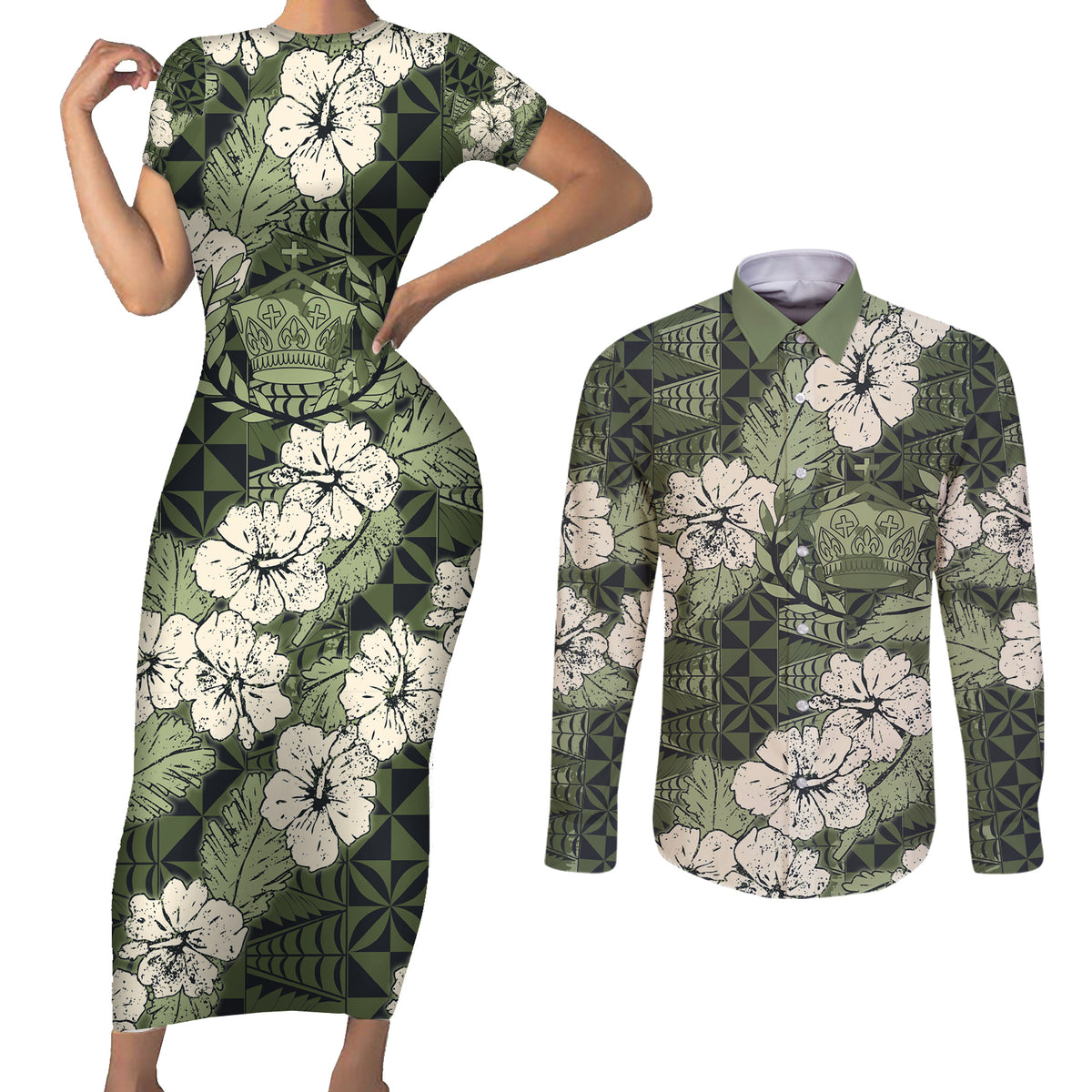 Tongan Kupesi Ngatu Hibiscus Vintage Motif Couples Matching Short Sleeve Bodycon Dress and Long Sleeve Button Shirt LT9 Green - Polynesian Pride