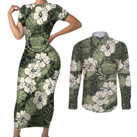 Tongan Kupesi Ngatu Hibiscus Vintage Motif Couples Matching Short Sleeve Bodycon Dress and Long Sleeve Button Shirt LT9 Green - Polynesian Pride