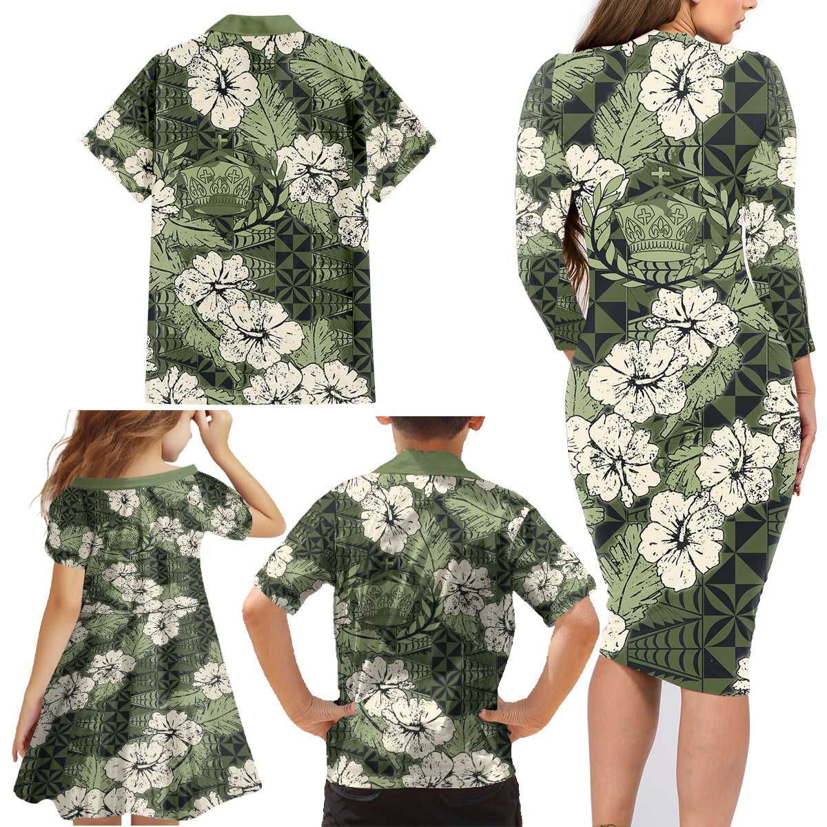 Tongan Kupesi Ngatu Hibiscus Vintage Motif Family Matching Long Sleeve Bodycon Dress and Hawaiian Shirt LT9 - Polynesian Pride