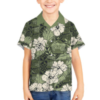 Tongan Kupesi Ngatu Hibiscus Vintage Motif Family Matching Long Sleeve Bodycon Dress and Hawaiian Shirt LT9 Son's Shirt Green - Polynesian Pride