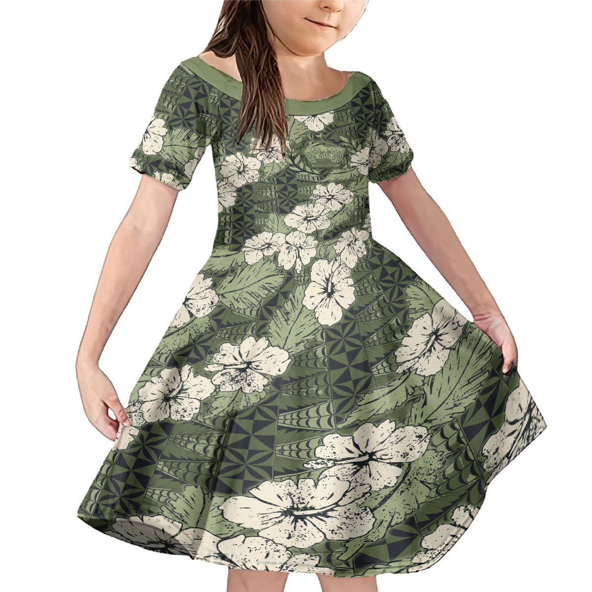 Tongan Kupesi Ngatu Hibiscus Vintage Motif Family Matching Mermaid Dress and Hawaiian Shirt LT9 Daughter's Dress Green - Polynesian Pride
