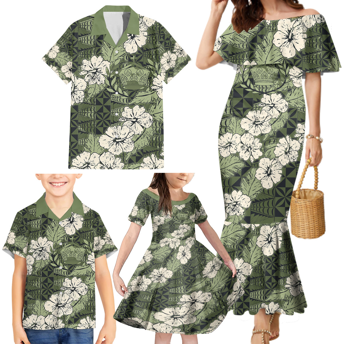 Tongan Kupesi Ngatu Hibiscus Vintage Motif Family Matching Mermaid Dress and Hawaiian Shirt LT9 - Polynesian Pride