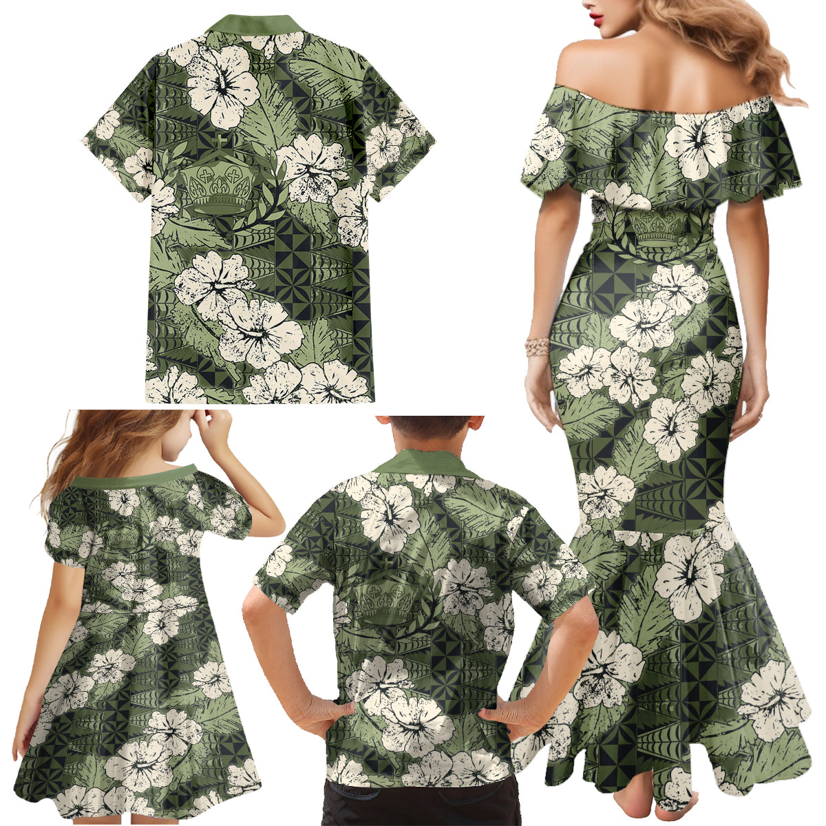 Tongan Kupesi Ngatu Hibiscus Vintage Motif Family Matching Mermaid Dress and Hawaiian Shirt LT9 - Polynesian Pride