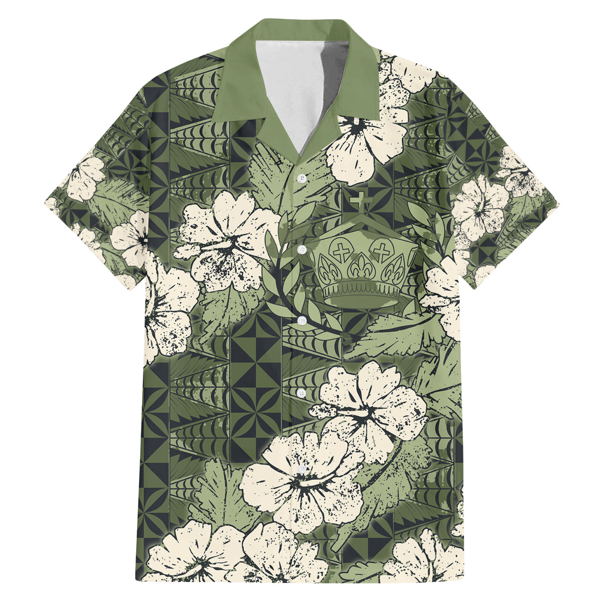 Tongan Kupesi Ngatu Hibiscus Vintage Motif Family Matching Mermaid Dress and Hawaiian Shirt LT9 Dad's Shirt - Short Sleeve Green - Polynesian Pride