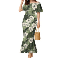 Tongan Kupesi Ngatu Hibiscus Vintage Motif Family Matching Mermaid Dress and Hawaiian Shirt LT9 Mom's Dress Green - Polynesian Pride
