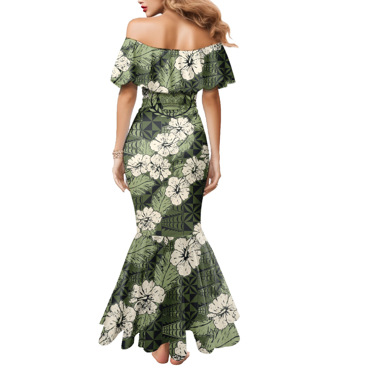 Tongan Kupesi Ngatu Hibiscus Vintage Motif Family Matching Mermaid Dress and Hawaiian Shirt LT9 - Polynesian Pride