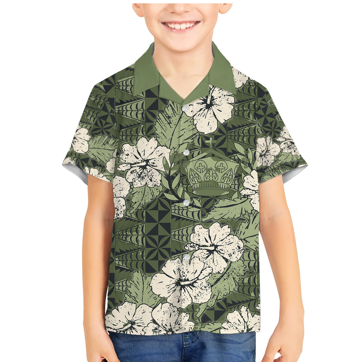Tongan Kupesi Ngatu Hibiscus Vintage Motif Family Matching Mermaid Dress and Hawaiian Shirt LT9 Son's Shirt Green - Polynesian Pride