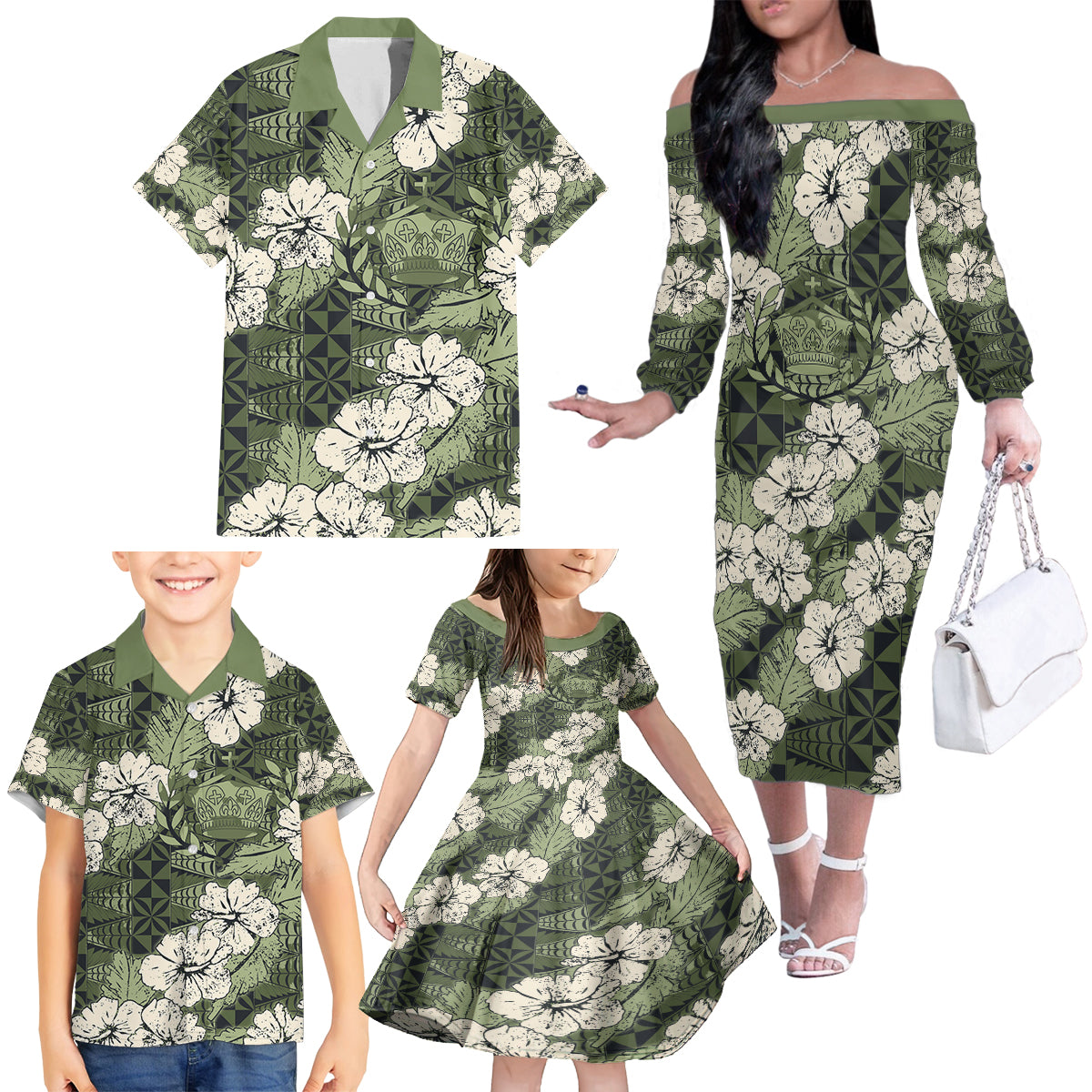 Tongan Kupesi Ngatu Hibiscus Vintage Motif Family Matching Off The Shoulder Long Sleeve Dress and Hawaiian Shirt LT9 - Polynesian Pride