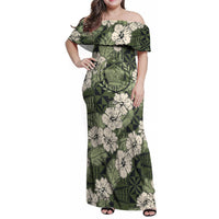 Tongan Kupesi Ngatu Hibiscus Vintage Motif Family Matching Off Shoulder Maxi Dress and Hawaiian Shirt LT9 Mom's Dress Green - Polynesian Pride
