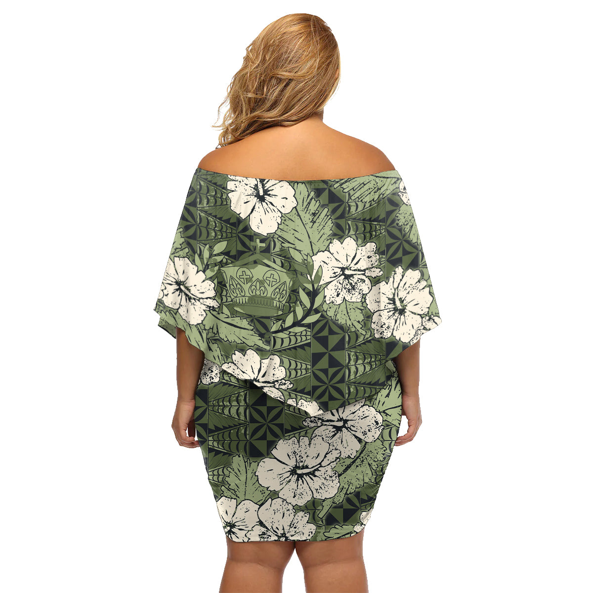 Tongan Kupesi Ngatu Hibiscus Vintage Motif Family Matching Off Shoulder Short Dress and Hawaiian Shirt LT9 - Polynesian Pride