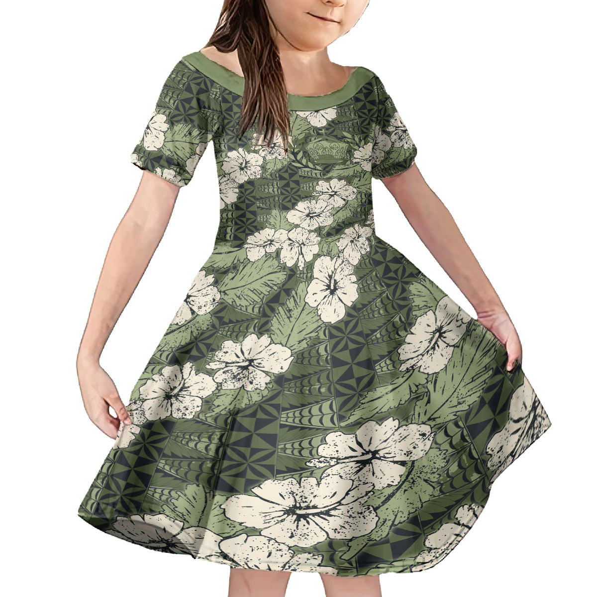 Tongan Kupesi Ngatu Hibiscus Vintage Motif Family Matching Puletasi and Hawaiian Shirt LT9 Daughter's Dress Green - Polynesian Pride