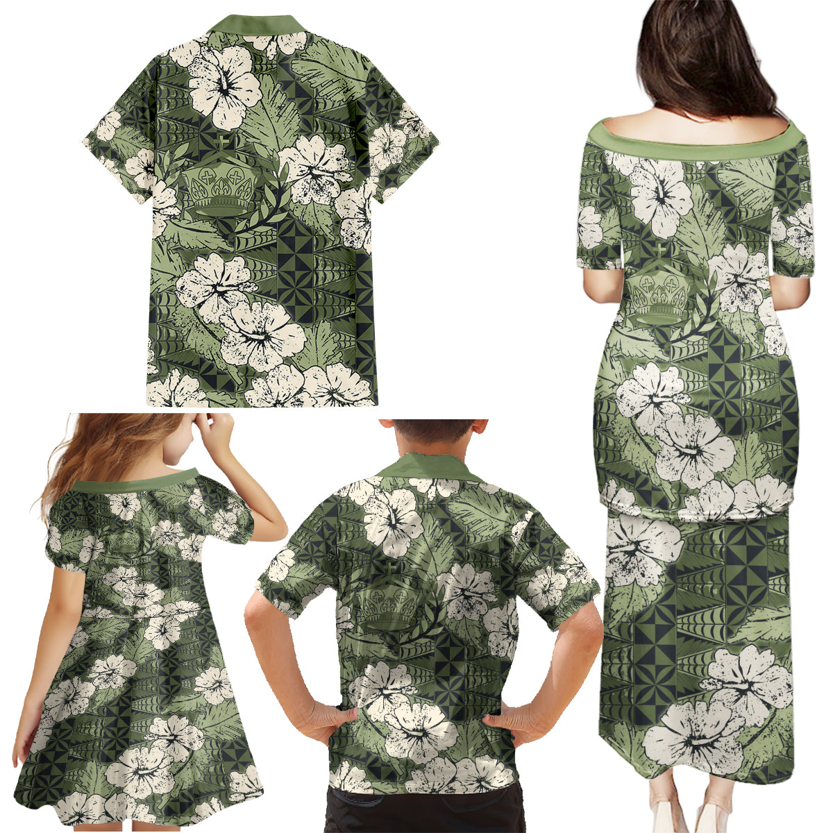 Tongan Kupesi Ngatu Hibiscus Vintage Motif Family Matching Puletasi and Hawaiian Shirt LT9 - Polynesian Pride