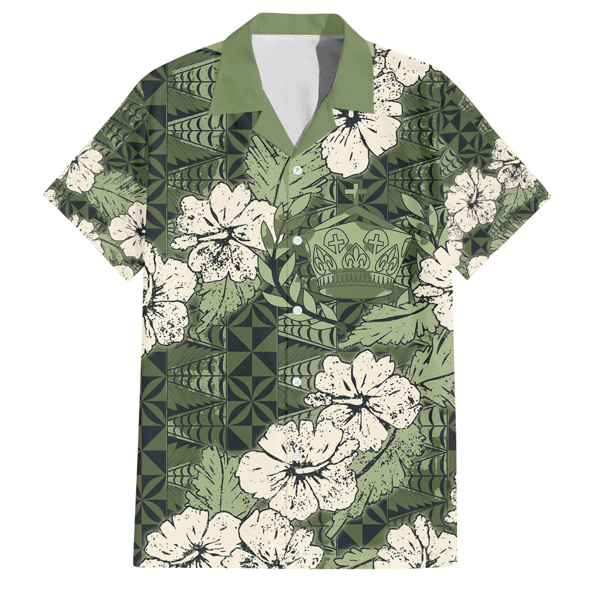 Tongan Kupesi Ngatu Hibiscus Vintage Motif Family Matching Puletasi and Hawaiian Shirt LT9 Dad's Shirt - Short Sleeve Green - Polynesian Pride
