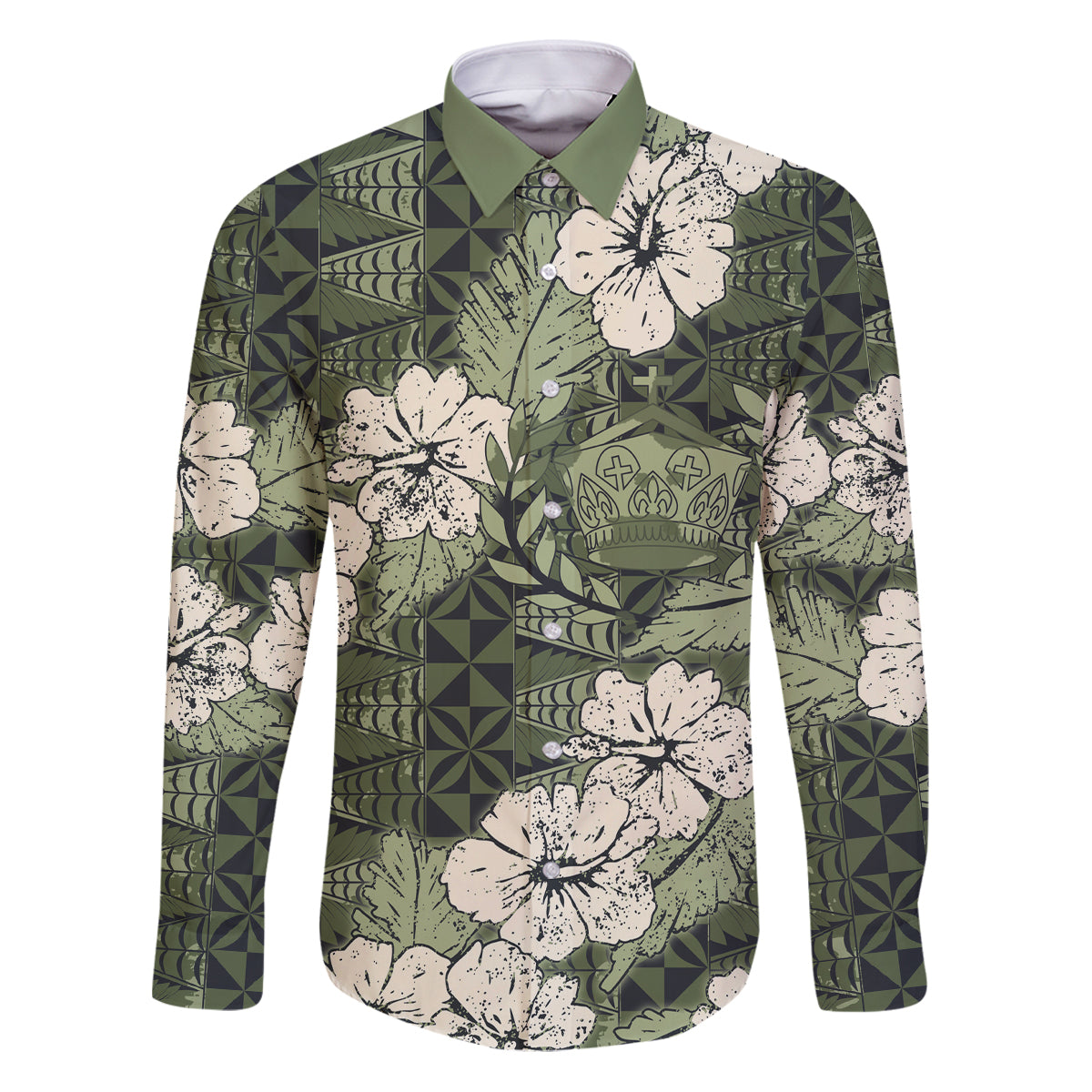 Tongan Kupesi Ngatu Hibiscus Vintage Motif Family Matching Puletasi and Hawaiian Shirt LT9 Dad's Shirt - Long Sleeve Green - Polynesian Pride