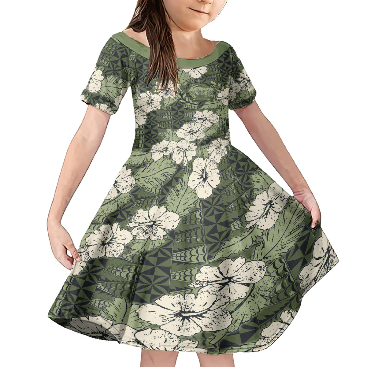 Tongan Kupesi Ngatu Hibiscus Vintage Motif Family Matching Short Sleeve Bodycon Dress and Hawaiian Shirt LT9 Daughter's Dress Green - Polynesian Pride