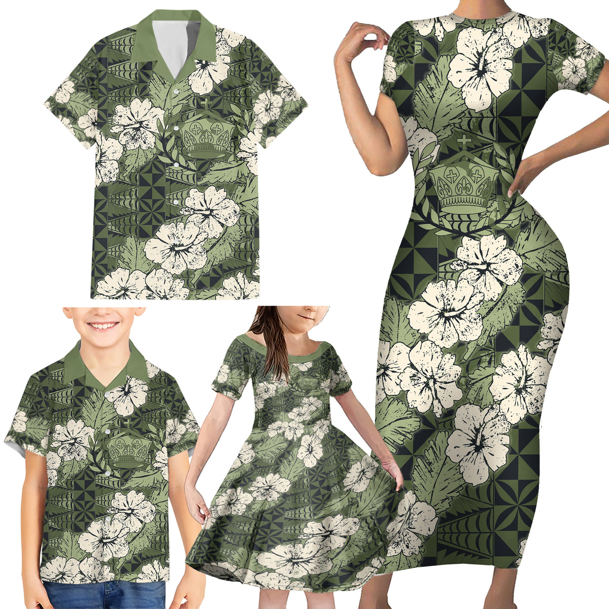Tongan Kupesi Ngatu Hibiscus Vintage Motif Family Matching Short Sleeve Bodycon Dress and Hawaiian Shirt LT9 - Polynesian Pride