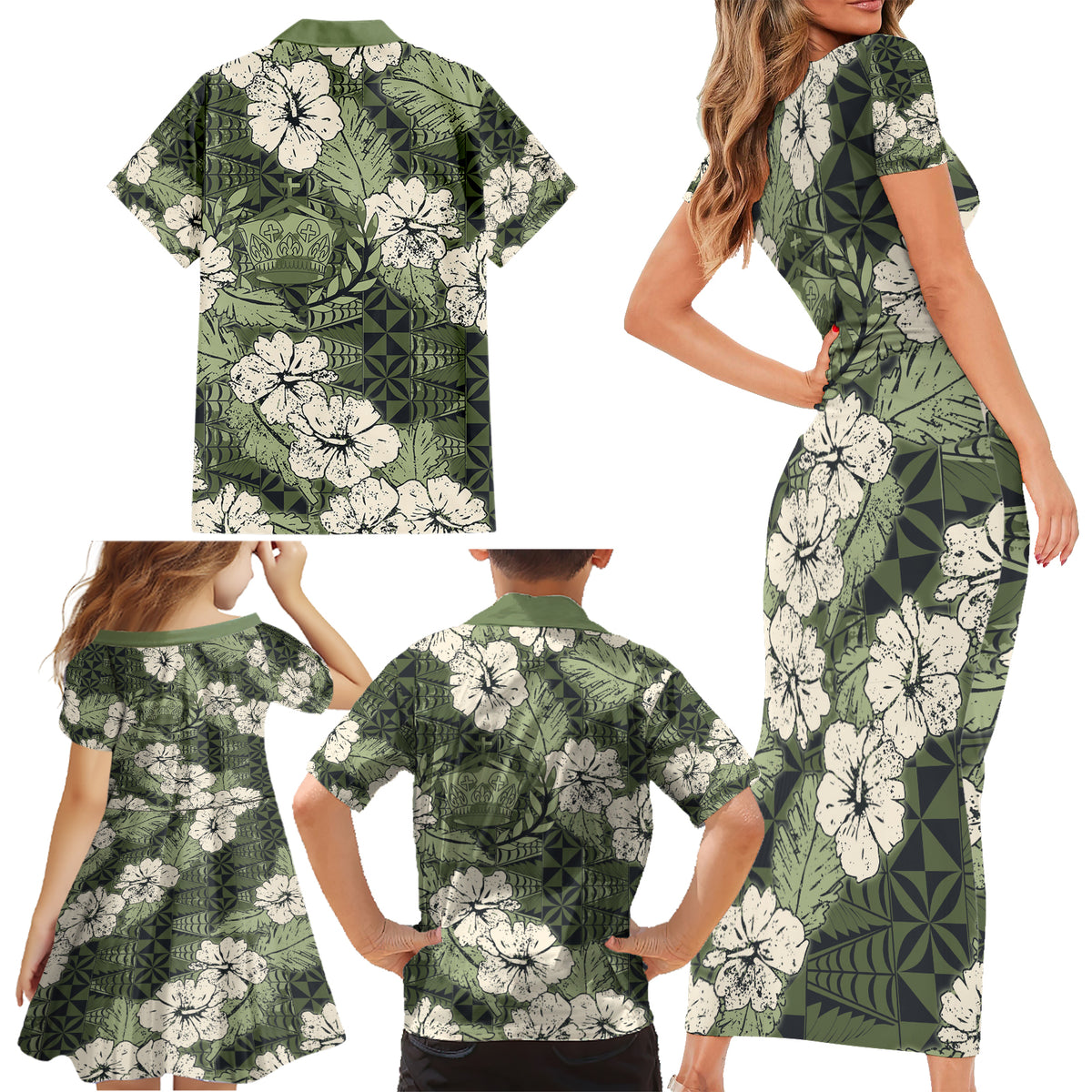 Tongan Kupesi Ngatu Hibiscus Vintage Motif Family Matching Short Sleeve Bodycon Dress and Hawaiian Shirt LT9 - Polynesian Pride