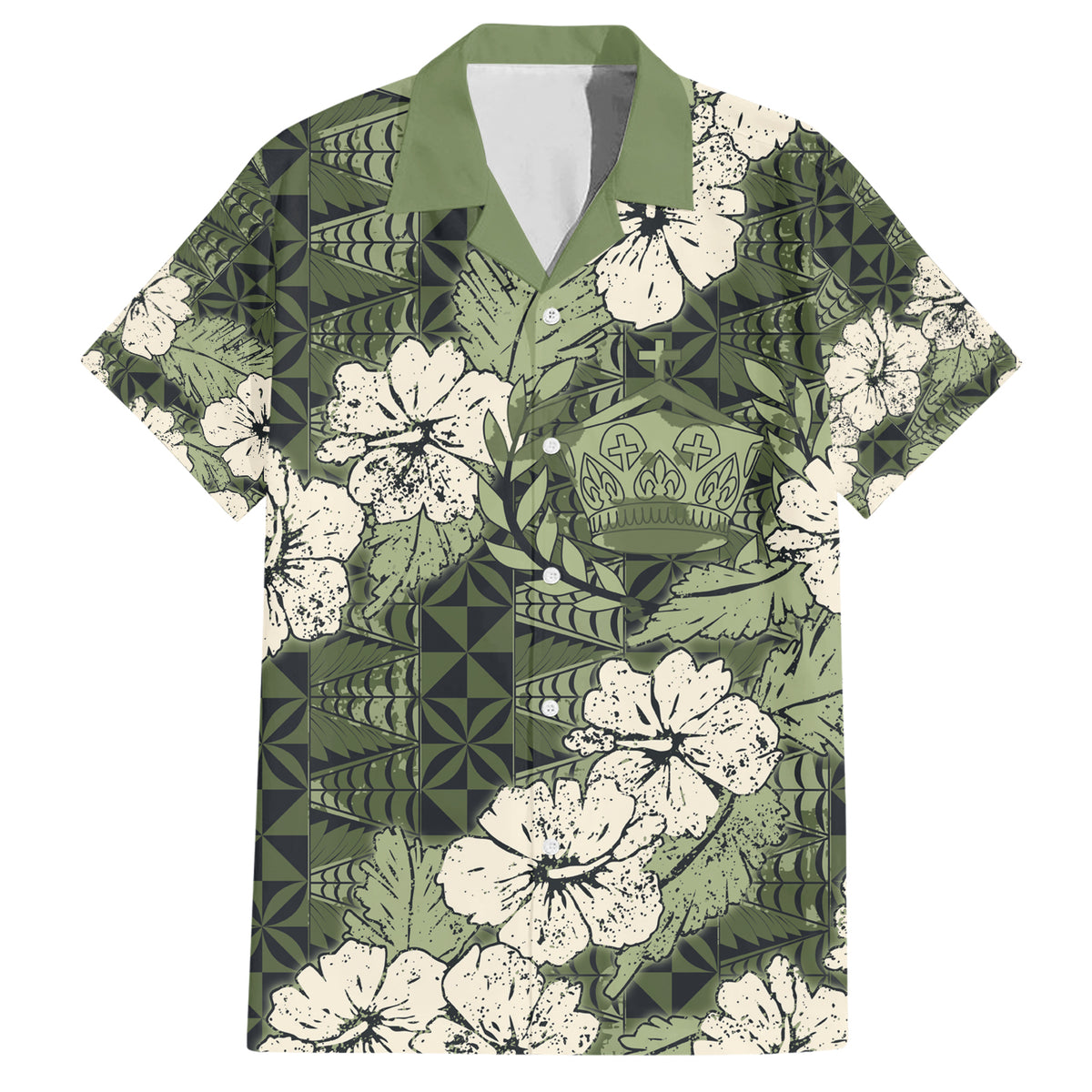 Tongan Kupesi Ngatu Hibiscus Vintage Motif Family Matching Short Sleeve Bodycon Dress and Hawaiian Shirt LT9 Dad's Shirt - Short Sleeve Green - Polynesian Pride