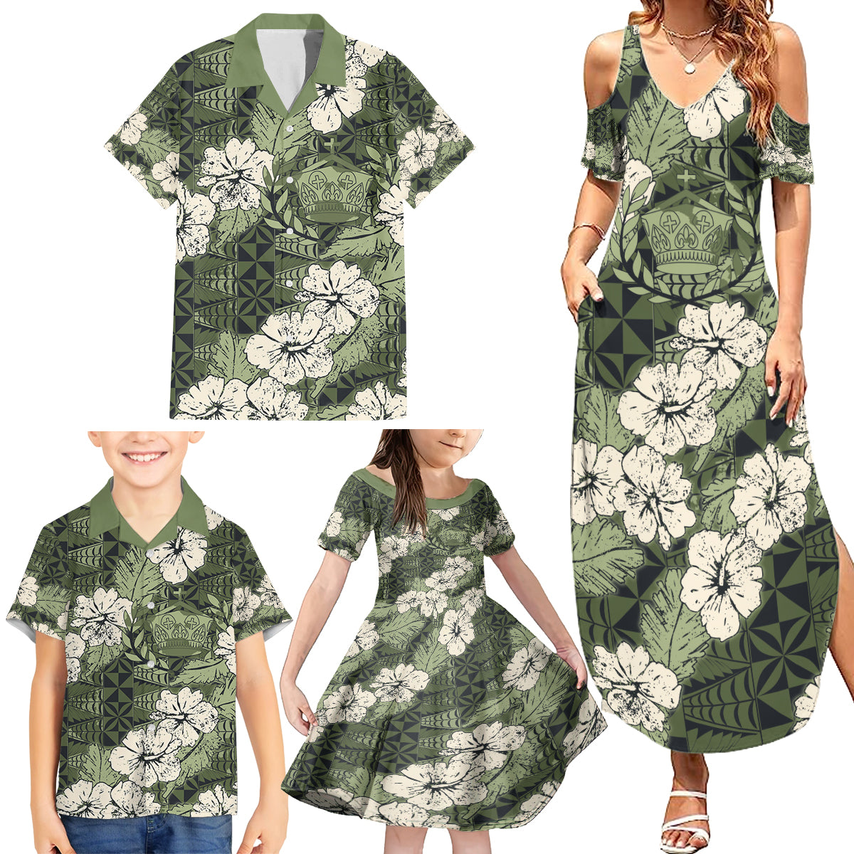 Tongan Kupesi Ngatu Hibiscus Vintage Motif Family Matching Summer Maxi Dress and Hawaiian Shirt LT9 - Polynesian Pride