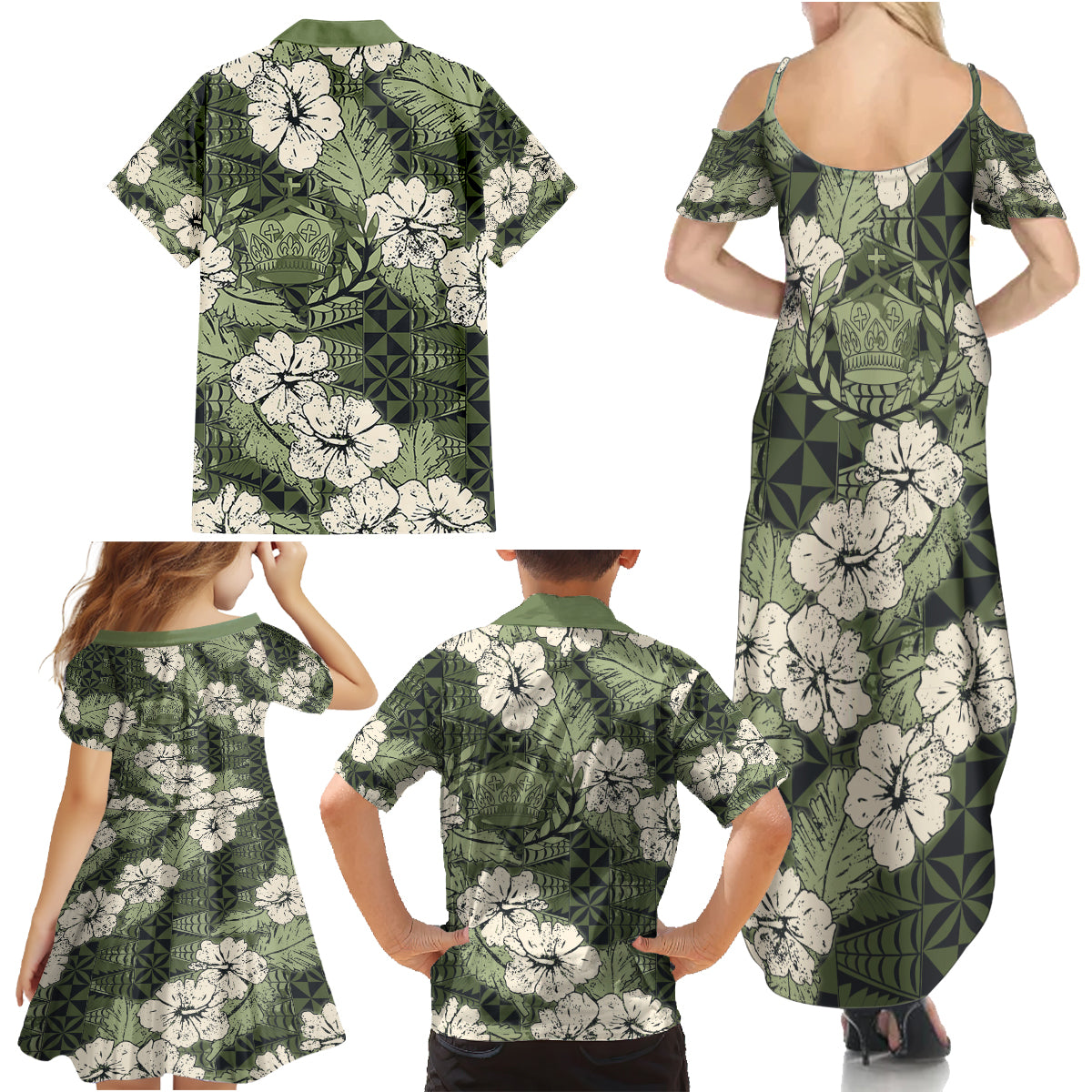 Tongan Kupesi Ngatu Hibiscus Vintage Motif Family Matching Summer Maxi Dress and Hawaiian Shirt LT9 - Polynesian Pride