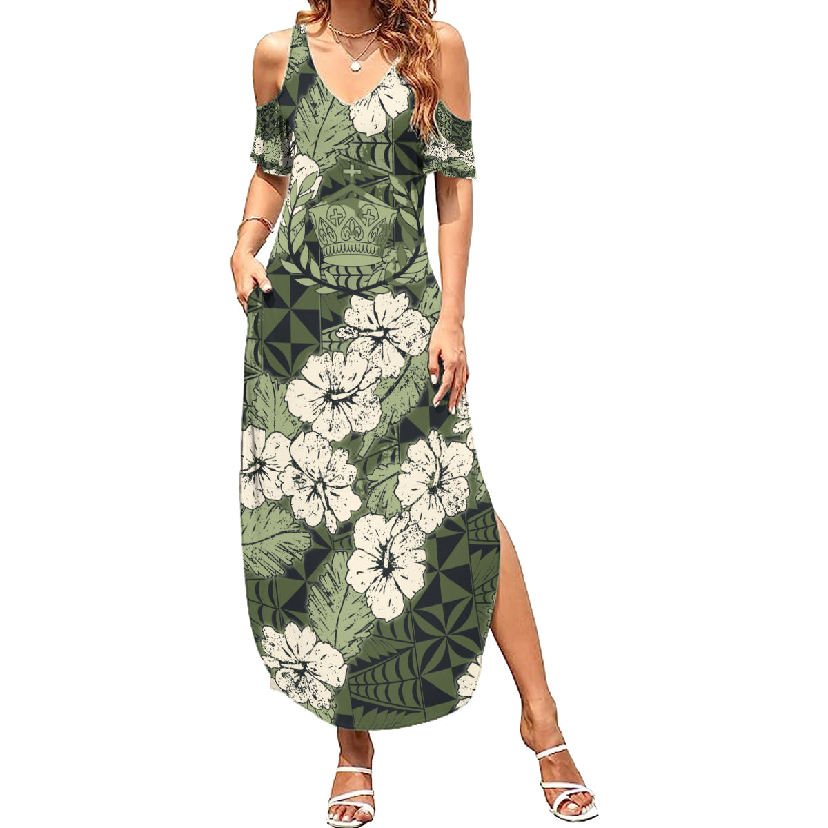 Tongan Kupesi Ngatu Hibiscus Vintage Motif Family Matching Summer Maxi Dress and Hawaiian Shirt LT9 Mom's Dress Green - Polynesian Pride